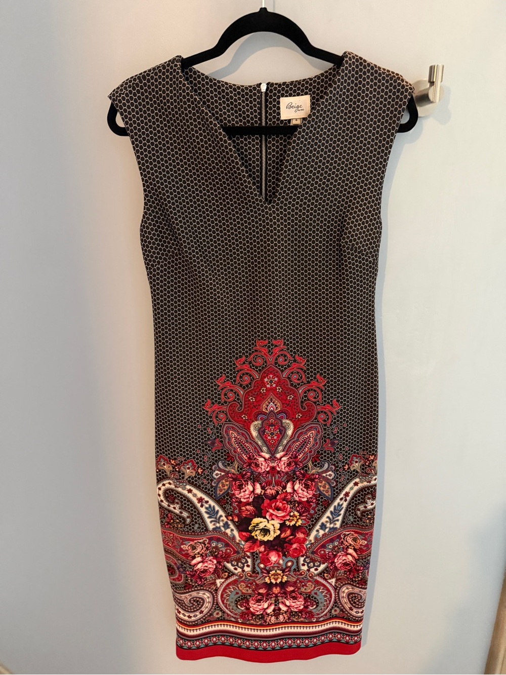 Beige by eci Black Midi Dress with Red Floral Border